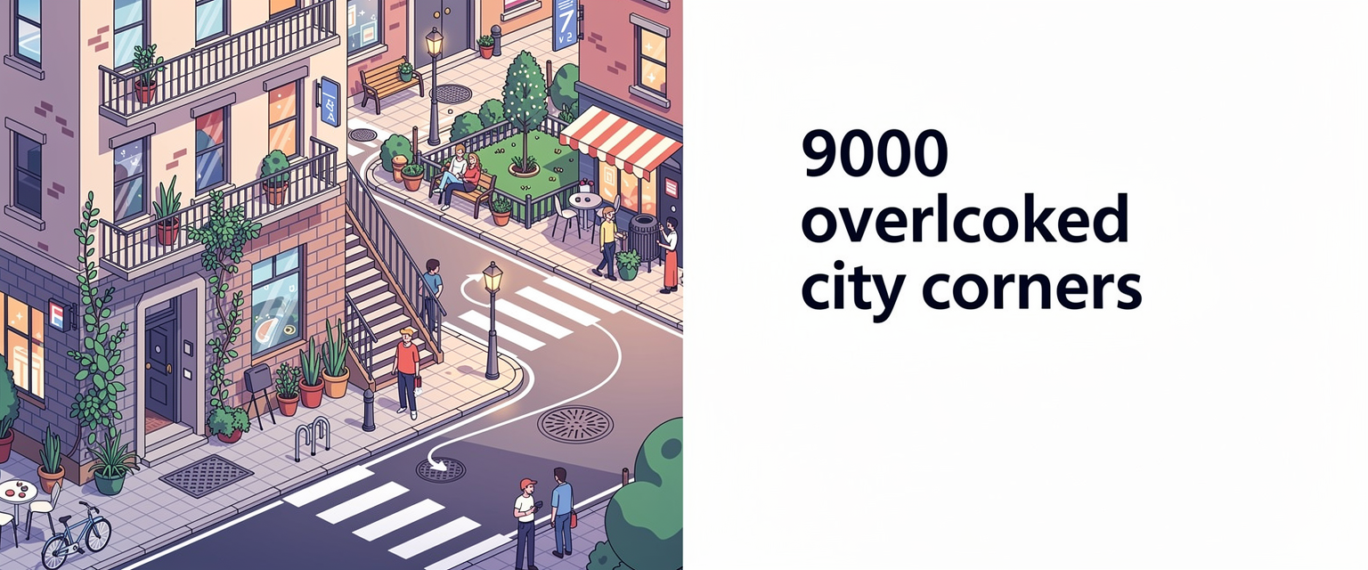 Ilustrasi 9000 sudut kota yang sering terlewat untuk UG9000 dengan tema arsip 9000 sudut kota, rute jalan kaki, ruang publik, dan detail urban.