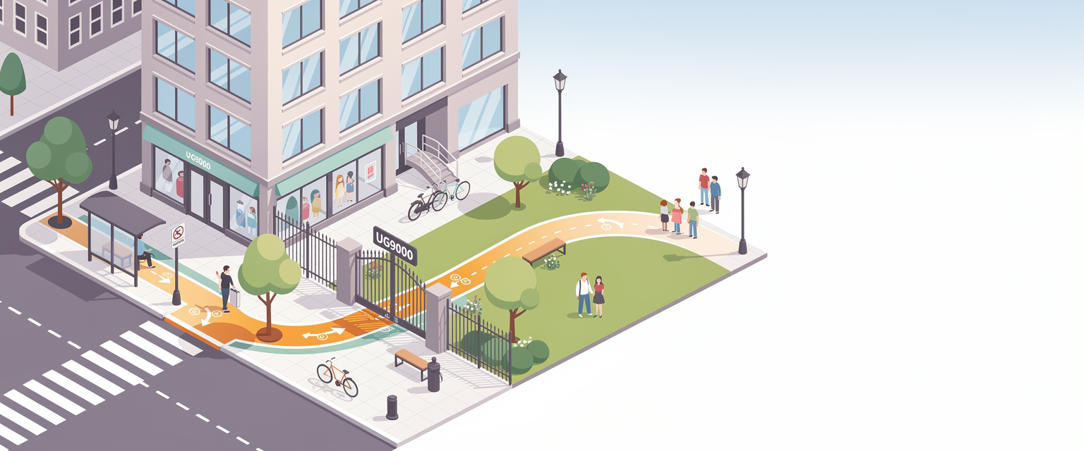 Ilustrasi rute jalan kaki dari halte ke taman untuk UG9000 dengan tema arsip 9000 sudut kota, rute jalan kaki, ruang publik, dan detail urban.